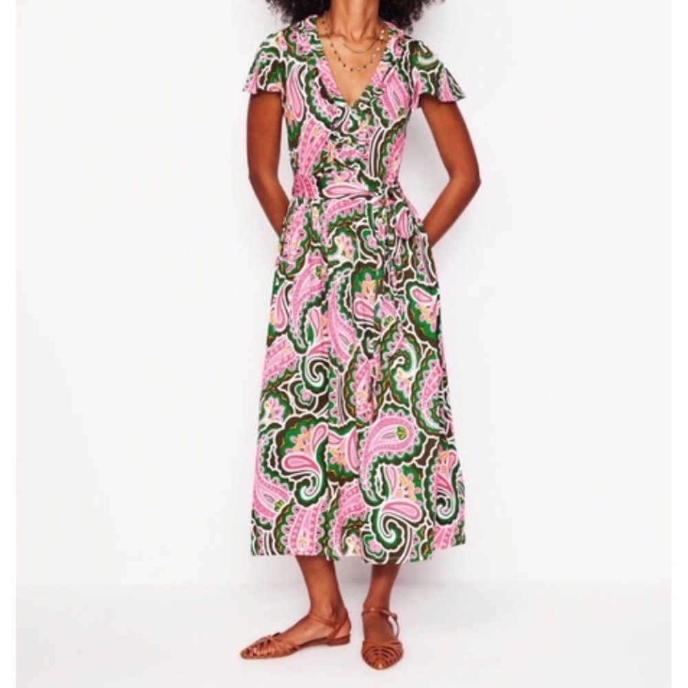Boden‎ Nicola Jersey Tea Dress Pink Green Paisley Midi V-Neck Ruffle Size 12